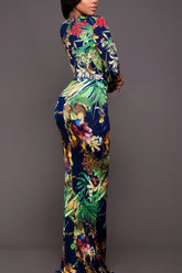 Robe longue imprimée à décolleté plongeant et jambes fendues